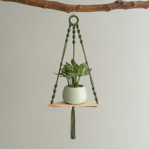 Artistic Green Macrame Wall Hanging Shelf With Wooden Base Showcase For Vases Dried Flowers And <b>Decorative</b> Pieces From India - Product Image 3