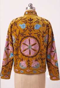 Mustard Yellow Suzani Embroidered <b>Jacket</b> <b>Men</b> And Women Handmade Mustard Yellow Floral Suzani Boho Outerwear Artisan Embroidered - Product Image 4