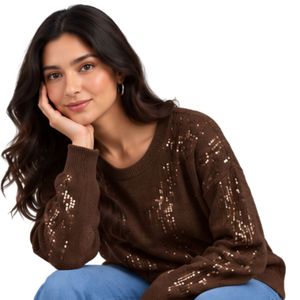 Pull en maille à sequins marron chocolat pour femme, col rond, manches longues, scintillant, élégant, décontracté, pour soirée, haut tendance - Product Image 4