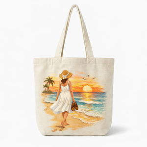 Bolsa de Playa de Lona al por Mayor con Estampado de Mujer al Atardecer, Bolsa de Compras Casual de Gran Tamaño con Asa para el Hombro, para Viajes y Uso en la Playa - Product Image 5