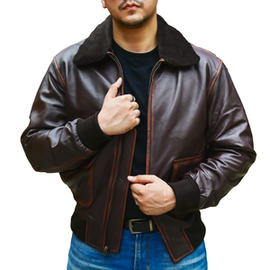 Chaqueta Bomber de Lona y Cuero Genuino para Hombre, Forro de Piel Sintética, Cierre de Cremallera Frontal, Resistente al Viento, Estilo Motero, Personalizable - Product Image 1