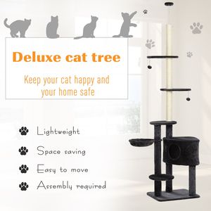 Albero per Gatti Verticale Grigio Regolabile in Altezza da Pavimento a Soffitto con Piattaforme in Moquette, Cuccia e Aree di Tiraggio in Corda per Arrampicata - Product Image 5