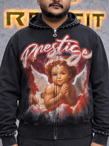 Sweat-shirt à capuche zippé intégral noir délavé vintage personnalisé pour homme, avec motif ange et strass, style streetwear oversize et épais - Product Image 1