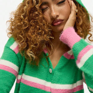 <b>Women's</b> Green Pink Solid Vintage V-neck Single Button Hooded Full Sleeve Knitted Cardigan Winter Style Anti-Pilling - Product Image 6