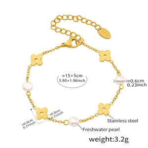 תכשיטי תליון תלתן מפלדת אל-חלד, זהב 18 קראט, פנינה מתוקת מים לנשים, סט שרשרת וצמיד תלתן ארבעה עלים למזל טוב - Product Image 3