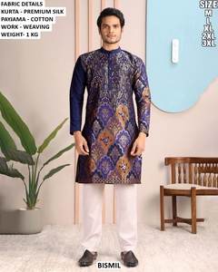 BISMIL Men's Navy Blue Premium <b>Silk</b> <b>Kurta</b> With Cotton Payjama Ankle-Length Traditional Wear India Pakistan Wedding Style - Product Image 3