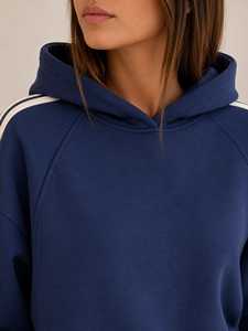 Conjunto Deportivo Ligero de Algodón 100% para Mujer, Azul Marino, con Capucha, Estampado 2 en 1, Manga Larga, Bolsillos Laterales con Diseño de Puntos/Leopardo, Corte Holgado, Casual - Product Image 4