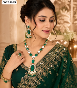 Conjunto de Joyería de Lujo con Esmeralda Verde, Flores de Circonita Cúbica, Chapado en Oro, Collar con Colgante Largo, Aretes con Perlas, para Novia o Boda - Product Image 1