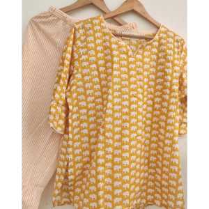 Conjunto de Pijama con Estampado de Elefantes Color Mostaza para Mujer, Talla S, de Thequincelife, con Mascarilla para Dormir - Product Image 1