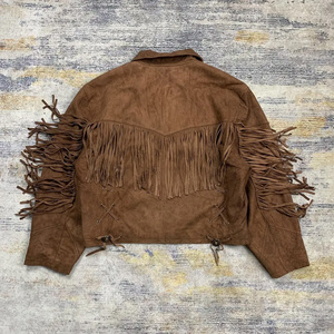 Authentic Vintage Western Cowboy Real <b>Suede</b> Leather <b>Jacket</b> Fringe Beaded Waterproof Windproof Classic Style High - Product Image 2