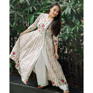 Ensemble Kurta pour femmes, blanc floral, manches longues, respirant, taille XS - Product Image 6