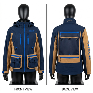 Chaqueta Softshell de Pesca para Mujer, 300GSM, Poliéster y Spandex, Resistente al Agua, Color Azul Marino y Marrón, Paneles en Contraste, Logotipo Bordado, Bolsillos Utilitarios - Product Image 1