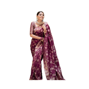 Saree original en tissu de soie pure tissée d'or avec une belle blouse de course vêtements indiens et pakistanais travail de tissage lourd - Product Image 1