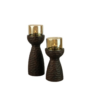 Premium Acacia Geo Wooden T-Light Candle Holder Jar Set de 2 para decoración del hogar Uso del mejor fabricante indio del mundo - Product Image 1