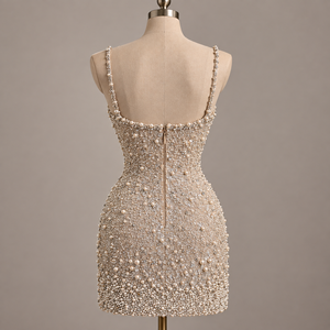 Elegant Beaded Pearl <b>Floral</b> Breathable Vintage Mini <b>Dress</b> Spaghetti Strap Bodycon Fitted <b>Cocktail</b> Party Woven Fabric Sleeveless - Product Image 3