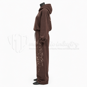 Conjunto Deportivo con Capucha para Mujer, Color Marrón, Manga Larga, Bordado Floral, Corte Holgado, Estilo Casual para Otoño, con Pantalones con Cordón - Product Image 5