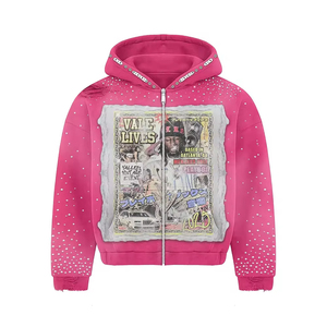 Sudadera con capucha extragrande con cremallera para hombre, negra, con pedrería, estilo vintage, estampado gráfico hip hop, unisex, ropa de calle - Product Image 5