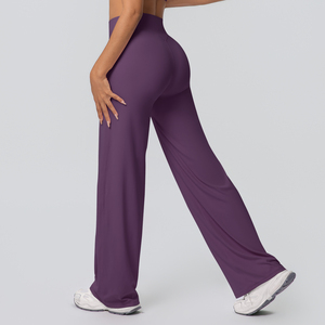 High Waist Full Length Flared Leg Yoga Pants Solid Color Seamless Stretch Elastic Waist Women's <b>Leggings</b> - Product Image 6