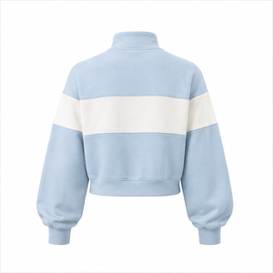 Customize Powder Blue <b>Womens</b> Oversized <b>Half</b> <b>Zip</b> Cropped <b>Sweatshirt</b> Rib Cuff Soft Knit Fleece - Product Image 4