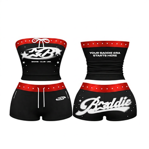 Ensemble 2 pièces marron et rose pour femme, short moulant au genou et haut bustier imprimé strass, style Baddie Club USA, sportif, décontracté et écoresponsable - Product Image 4