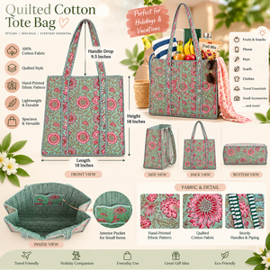 Sac fourre-tout en coton matelassé vert menthe fait main, imprimé floral, sac de shopping bohème - Product Image 6