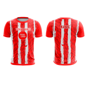 T-shirt sportif à manches courtes pour homme, rayé rouge et blanc, impression par sublimation, séchage rapide, polyester tricoté, coupe classique, col rond - Product Image 5
