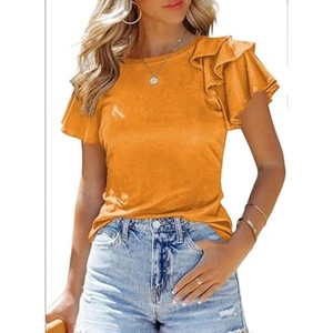 210g algodón peinado mujer Casual Ruffle Petal manga corta Tops lindo Color sólido Camisetas cuello redondo blusas - Product Image 3