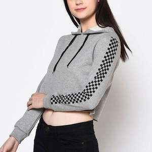 Sweat-shirt court à capuche pour femme, manches longues, gris uni, en maille de coton mélangé, décontracté, hiver/été, avec logo frontal, style streetwear - Product Image 3