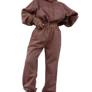 Ensemble 2 pièces décontracté pour femme : Sweat-shirt et pantalon de jogging à épaules tombantes en molleton bouclette 100% coton, couleur unie, coupe classique - Product Image 4