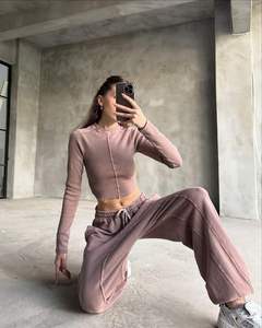 Women's Ribbed Tracksuit <b>Set</b> 2026 Crop Top Exposed Seam Wide Leg Baggy Pants Custom Logo Casual <b>Lounge</b> <b>Two</b> <b>Piece</b> <b>Set</b> HD - Product Image 1