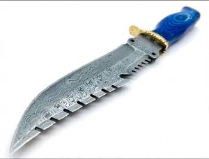 Couteau utilitaire avec lame fixe en acier Damas, poignée en bois bleu et garde-poignée en laiton poli - Product Image 4