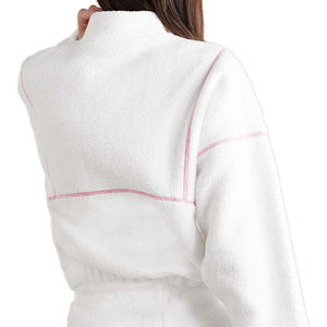 Ensemble de survêtement 2-en-1 en polaire imprimé blanc pour femme, pull à col zippé avec bordure rose et pantalon à cordon de serrage, tenue décontractée d'hiver - Product Image 3