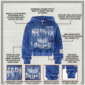 Sudadera con capucha para hombre con pedrería, 450 g/m², 100% algodón, azul con lavado ácido, efecto desgastado, corte holgado, estilo streetwear, de peso pesado - Product Image 3