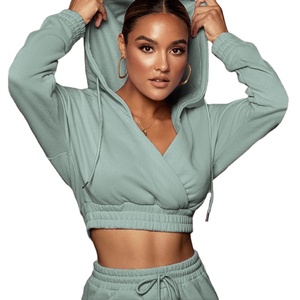 Caliente Otoño Invierno nuevo cuello en V 2 piezas Conjunto de sudadera pulóver Crop Top Sudadera con capucha conjunto de chándales de mujer 2026 - Product Image 2