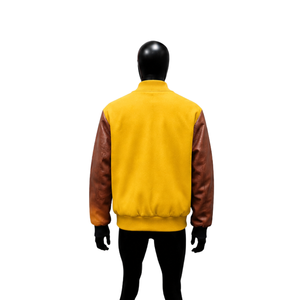 Veste universitaire en satin jaune personnalisée avec manches en cuir marron, veste bomber de baseball haut de gamme, veste de mode pour homme, coupe universitaire - Product Image 2