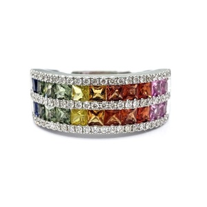 เครื่องประดับจัดส่งที่รวดเร็วมีทักษะคุณภาพสูง14K แข็งกุหลาบทองจริงเพชรสีรุ้งไพลินแฟนซีสำหรับผู้หญิง