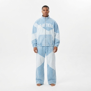 <b>Mens</b> <b>Light</b> Blue Acid Wash Color Block Zip <b>Jacket</b> Wide Leg Pants Tracksuit Set Custom Streetwear Casual Fashion Look - Product Image 1