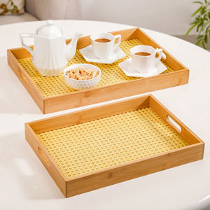Bandeja rectangular de bambú, bandeja decorativa, juego de bandejas con incrustaciones de ratán, bandeja para servir comida, para mesa de café, organizador para el hogar - Product Image 5