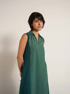 Robe midi sans manches à blocs de couleur vert, col polo, coupe ample, en coton tissé et fibre de bambou, pour l'été, décontractée, à porter au quotidien - Product Image 3