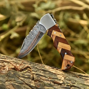 Nordic Forge Copper Damascus Steel Industrial Grade Folding <b>Knife</b> Back <b>Lock</b> Olive & Rosewood Handle Pocket Clip Sheath OEM EDC - Product Image 2