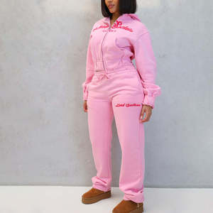 Ensemble de survêtement en molleton bouclette pour femme avec impression en relief, comprenant un sweat à capuche court zippé respirant et un pantalon de jogging - Product Image 4