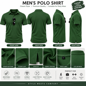 <b>Men</b> <b>Green</b> Short Sleeve Knitted <b>Polo</b> <b>Shirt</b> Solid Color Casual Button Down Design Regular Fit - Product Image 6