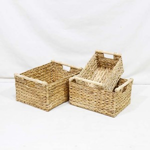 Top Rated Eco-Friendly Braided Water Hyacinth <b>Rectangular</b> <b>Storage</b> <b>Baskets</b> Set 3 Cubes Wood Dowel Home Bathroom Organization - Product Image 3