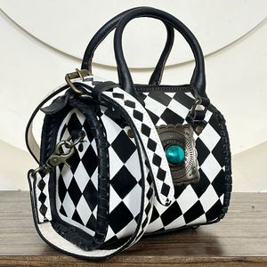March Expo Checkered Pattern Genuine Cowhide Leather Speedy <b>Bag</b> with Turquoise Concho Personalised <b>Small</b> Shoulder <b>Bag</b> for Unisex - Product Image 5
