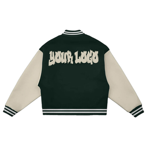 Blouson universitaire personnalisé brodé respirant pour homme, style preppy, en toile de coton mélangé noir, pour impression de lettres, col rond sur le devant - Product Image 5