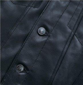 Wholesale <b>Mens</b> Black <b>Faux</b> <b>Leather</b> Trucker <b>Jacket</b> Button Front Dual Chest Flap Pockets Stand Custom Motorcycle Streetwear - Product Image 5