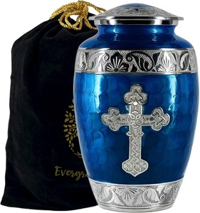 Urne funéraire en métal bleu pour cendres humaines adultes avec bande décorative dorée, grande urne élégante de style européen et sac en velours offert - Product Image 4