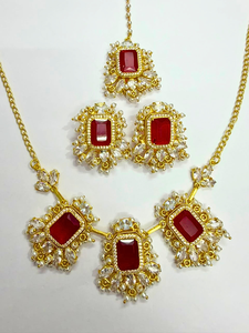 Classic 18K Gold Plated Red Boho Necklace Set with Statement <b>Stud</b> <b>Earrings</b> and Maangtika Wholesale Set Customization available - Product Image 1