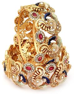 Gold Plated Alloy Peacock Designer Polki Bangles Set Women's Vintage Crystal Rhinestone Bracelets Wedding Jewelry Fashion Bangle - Product Image 5