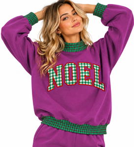 <b>Women's</b> Purple <b>Christmas</b> <b>Sweatshirt</b> Green Plaid Noel Applique Drop Shoulder Crew Neck Pullover - Product Image 4
